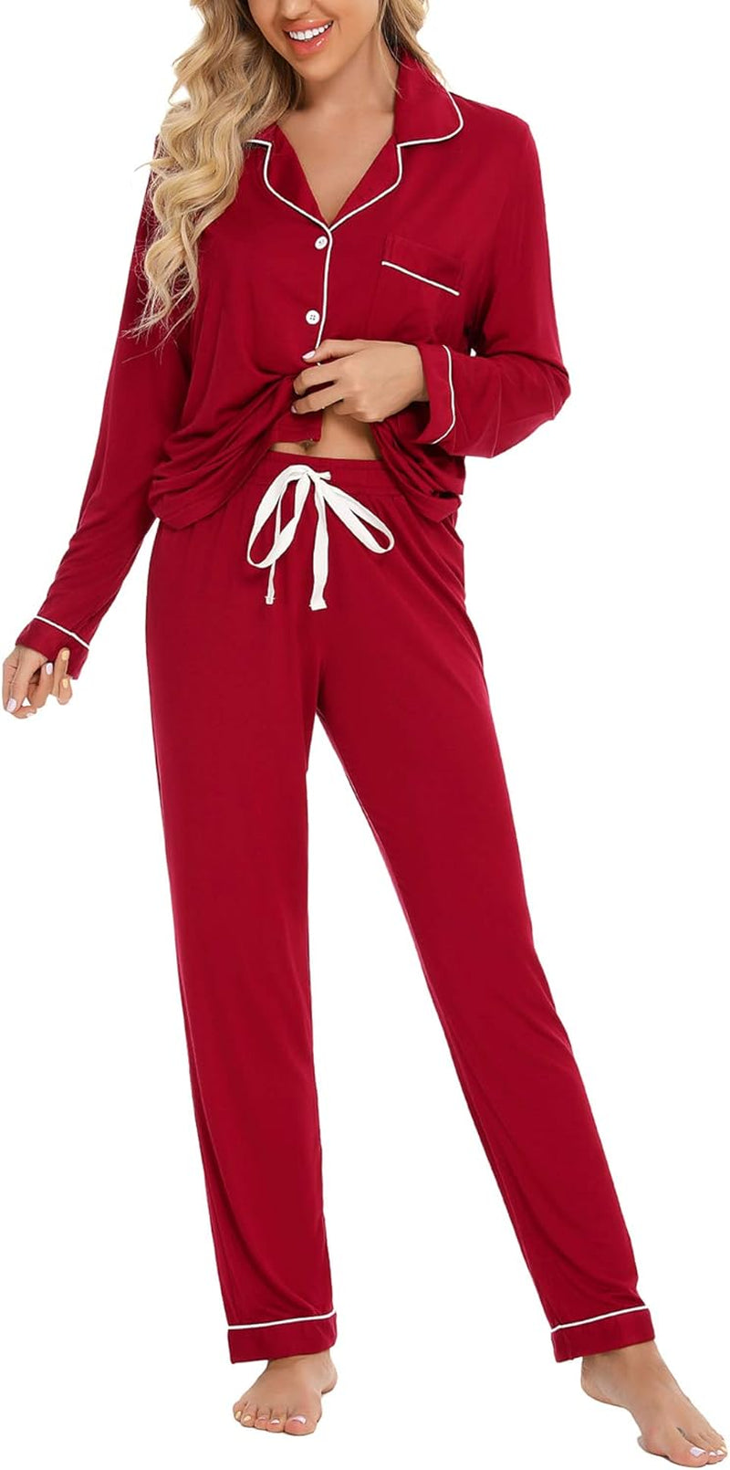 Pajamas for Women Soft Button up Pajama Set Long Sleeve Shirt and Pajama Pants Lounge Sets S-XXL