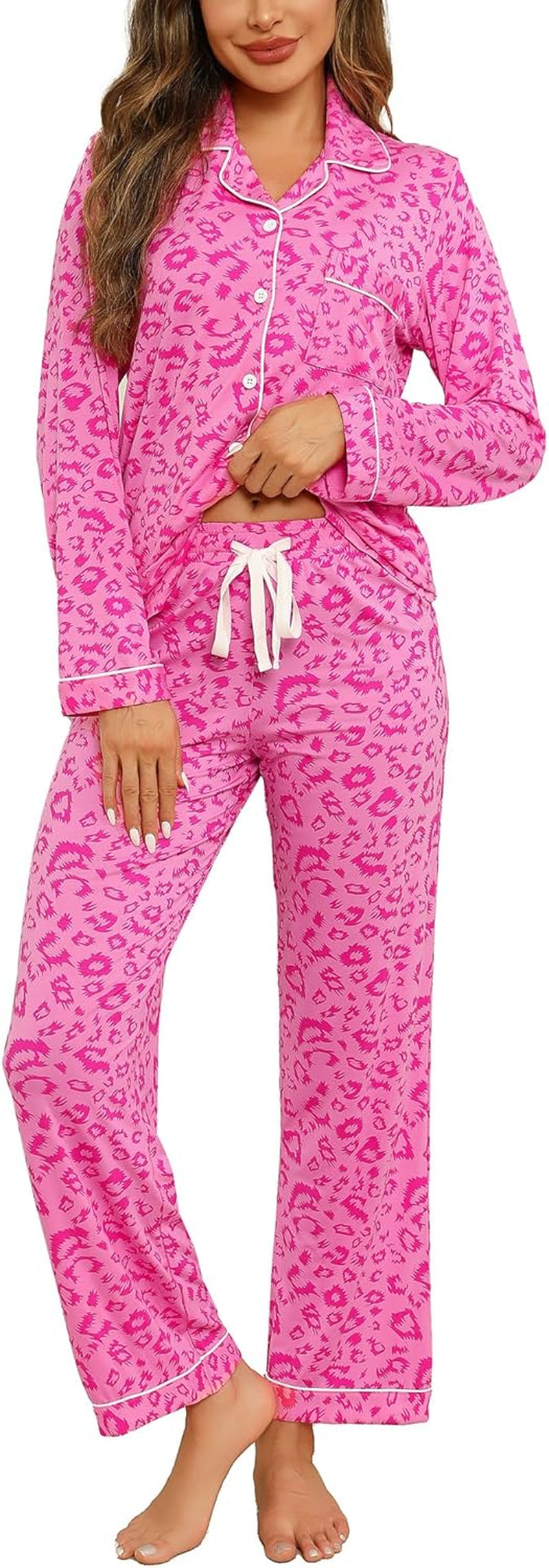 Pajamas for Women Soft Button up Pajama Set Long Sleeve Shirt and Pajama Pants Lounge Sets S-XXL