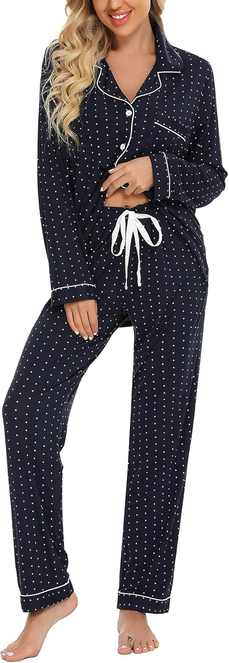 Pajamas for Women Soft Button up Pajama Set Long Sleeve Shirt and Pajama Pants Lounge Sets S-XXL