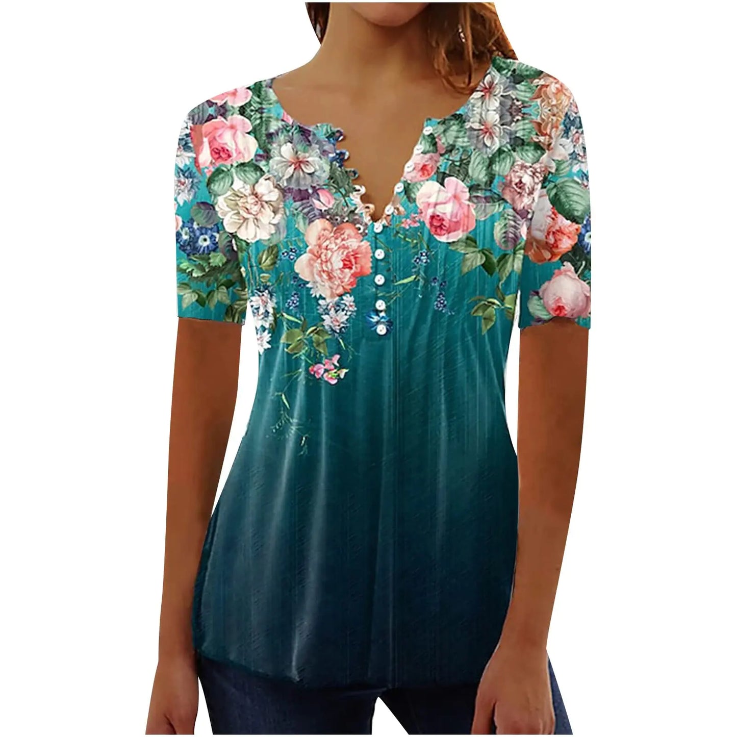 Short Sleeve Summer Tops for Women 2024 Vacation Trendy Loose Fit Boho V Neck Tunic Blouse Casual Floral Shirt Clothing