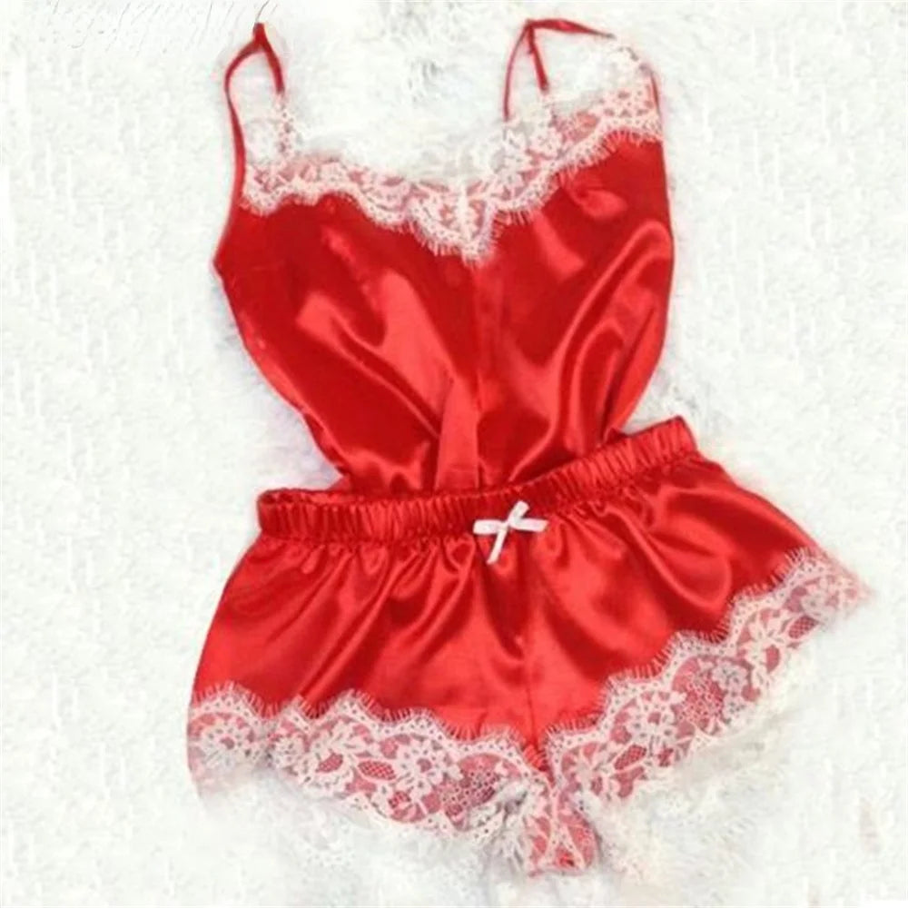 Fashion Sexy Lace Pajamas Set Women'S Underwear Sleeveless Silk Pajamas Spaghetti Strap Top + Shorts Pajamas 2PCS