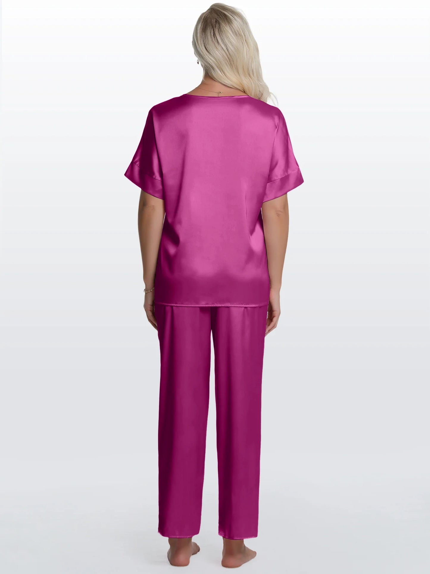 Womens Silk Satin Pajama Sets Short Sleeve Pjs V Neck Pajamas for Women with Long Pant S to XL