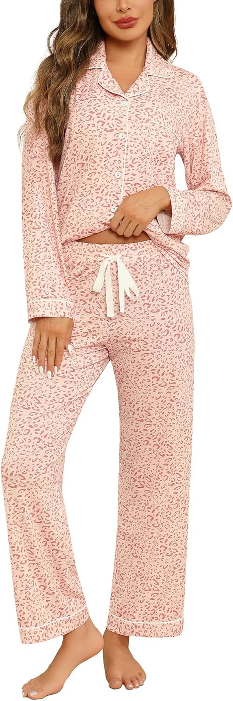 Pajamas for Women Soft Button up Pajama Set Long Sleeve Shirt and Pajama Pants Lounge Sets S-XXL