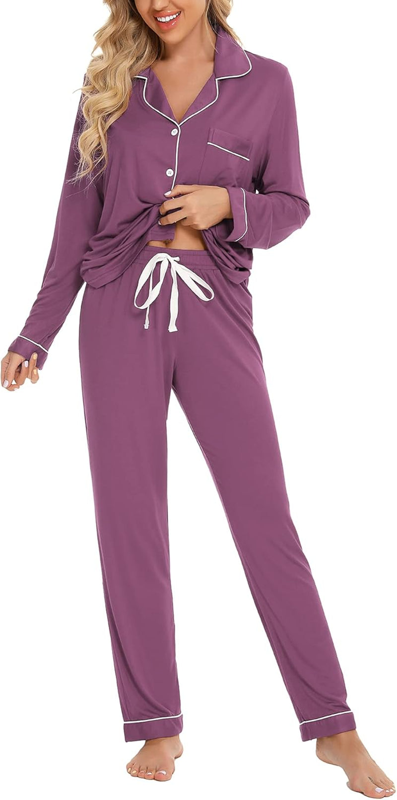 Pajamas for Women Soft Button up Pajama Set Long Sleeve Shirt and Pajama Pants Lounge Sets S-XXL