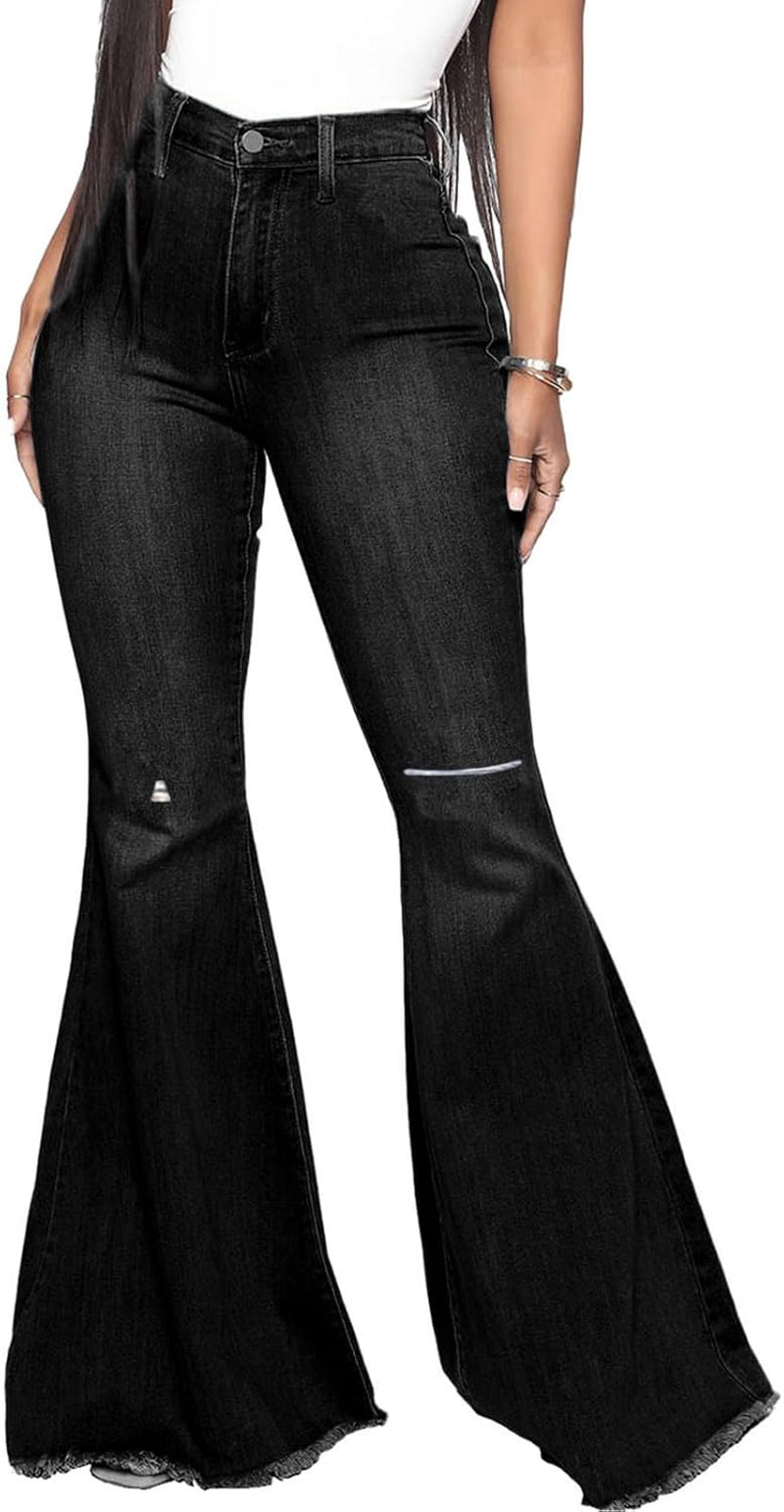 Bell Bottom Jeans for Women Vintage High Waisted Ripped Hole Raw Hem Denim Flare Jeans Pants