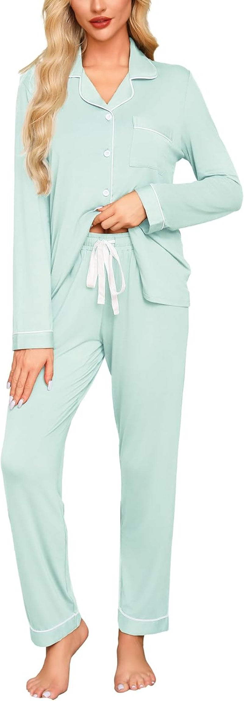 Pajamas for Women Soft Button up Pajama Set Long Sleeve Shirt and Pajama Pants Lounge Sets S-XXL