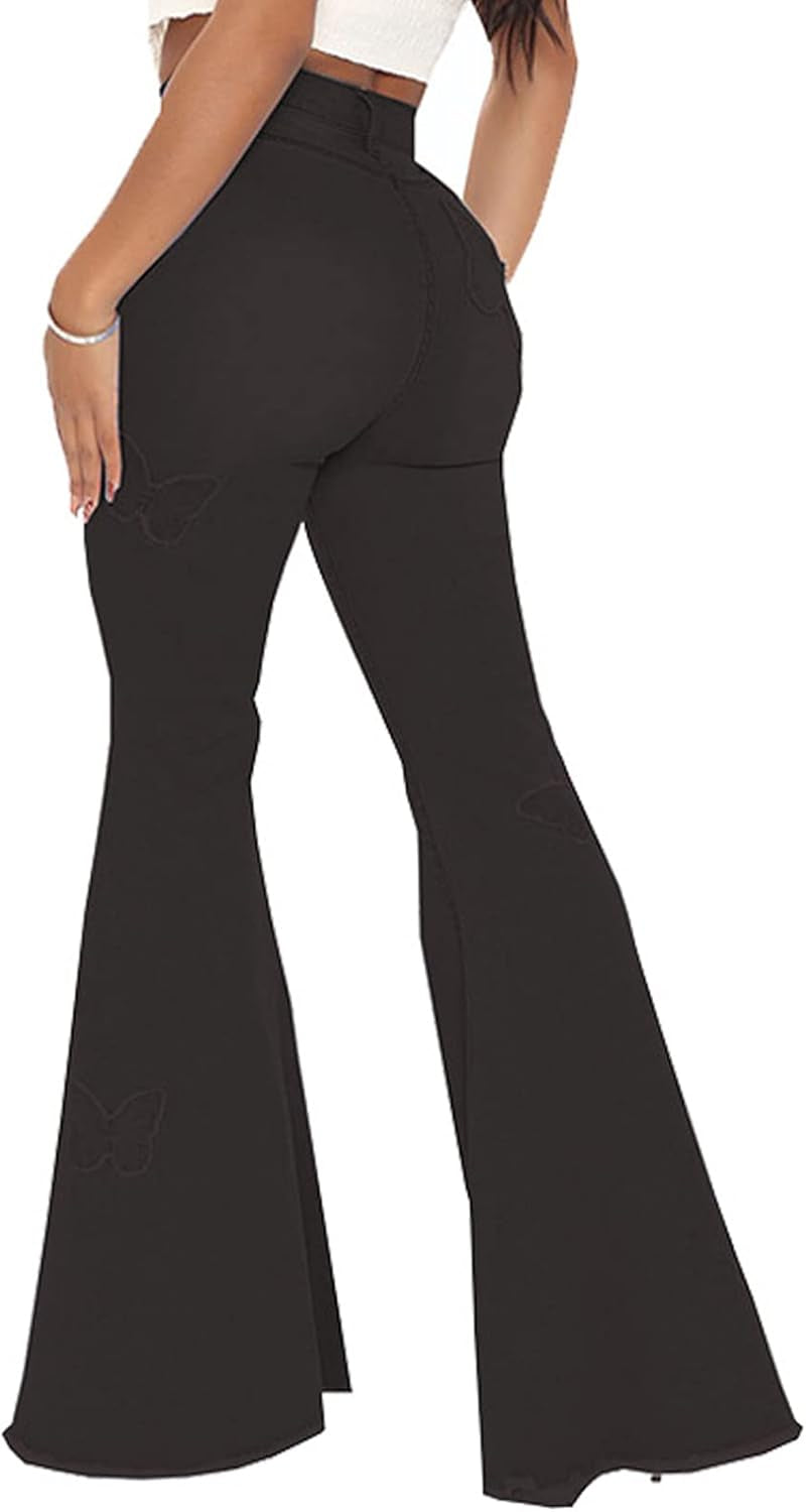 Bell Bottom Jeans for Women Vintage High Waisted Ripped Hole Raw Hem Denim Flare Jeans Pants