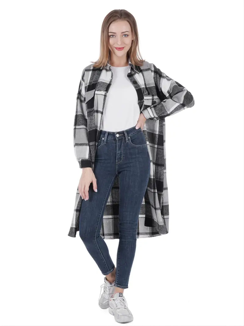 Women's Long Sleeve Plaid Shirt Jacket for Spring/Fall