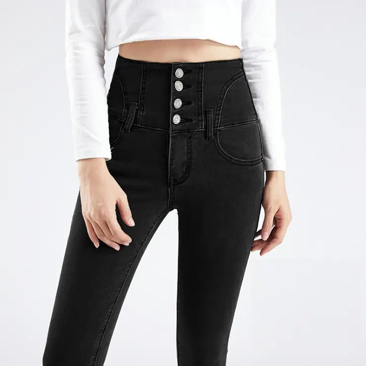 High-Waisted Skinny Jeans - Korean Style Women's Pants