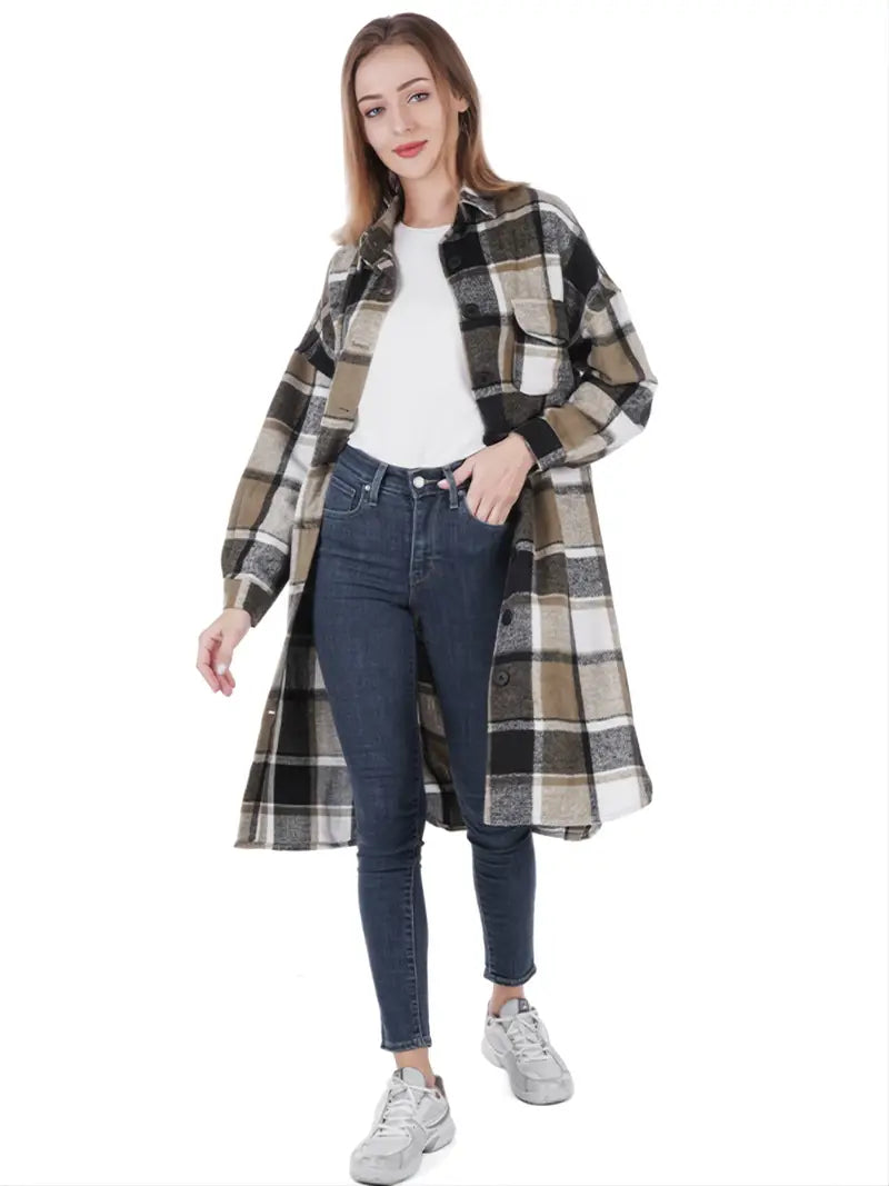Women's Long Sleeve Plaid Shirt Jacket for Spring/Fall