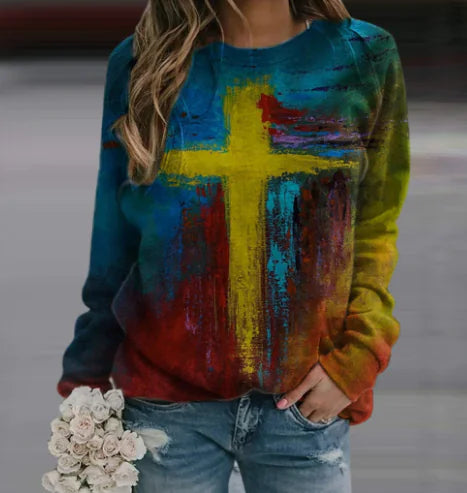 Cross Print Long Sleeve Casual Women's Top