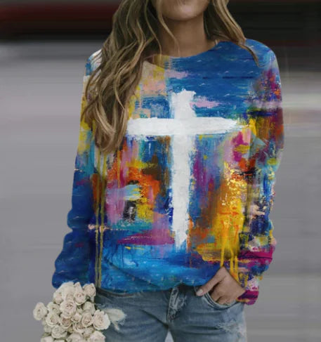 Cross Print Long Sleeve Casual Women's Top