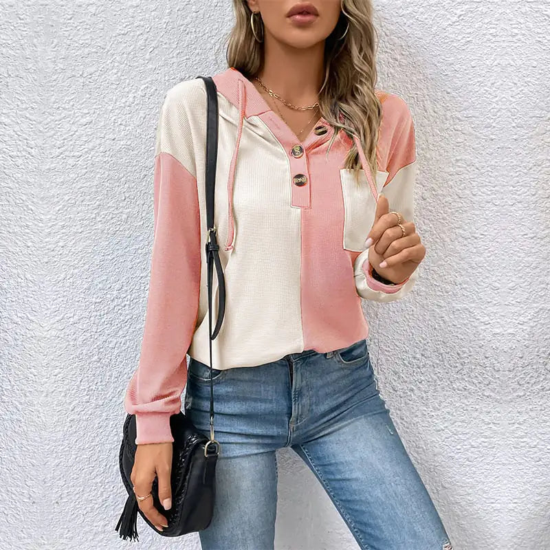 Contrast Color Hooded Women's Sweater for Spring/Fall