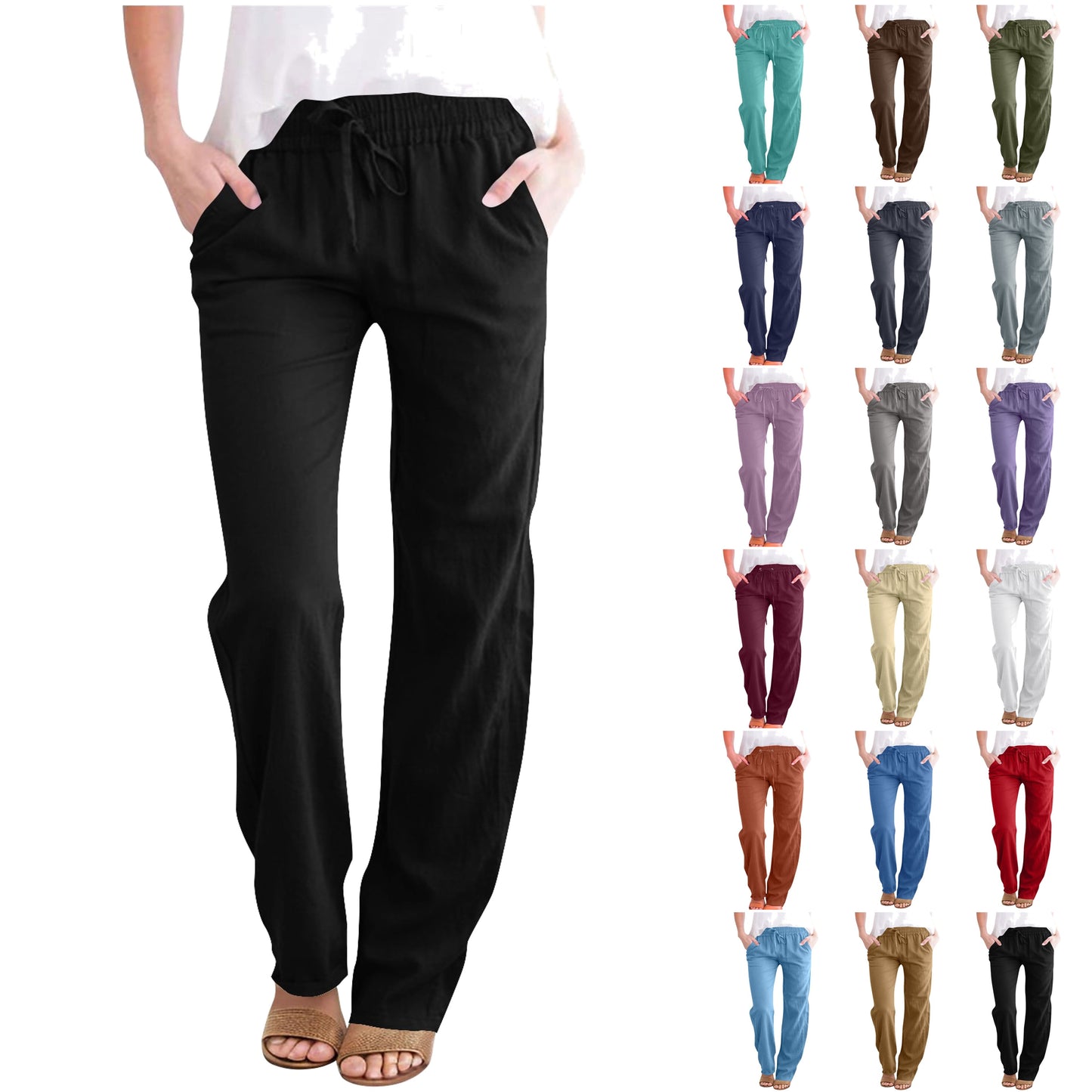 Linen Pants for Women Summer Casual Lightweight Drawstring Pants Women Straight Leg Pants Yoga Pants with Pocket for Women