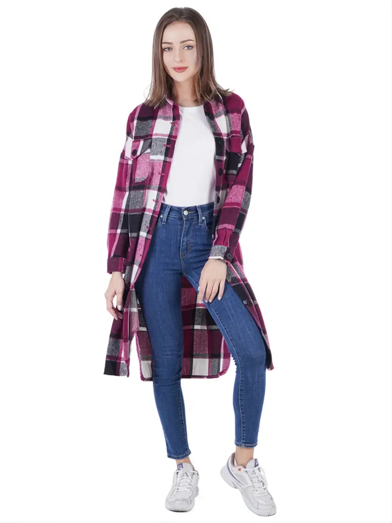 Women's Long Sleeve Plaid Shirt Jacket for Spring/Fall