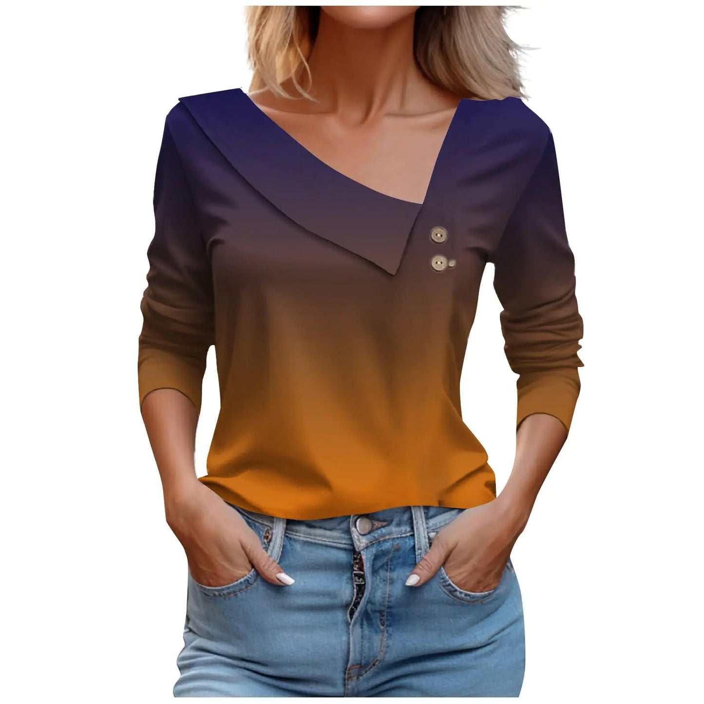 LRMQS Spring Tops for Women 2024 Trendy Casual Long Sleeve Asymmetric V Neck Button Blouses Dressy Woman Shirts Clothing Spring Tunics for Women 2024 peime March Sale Lighting Deals