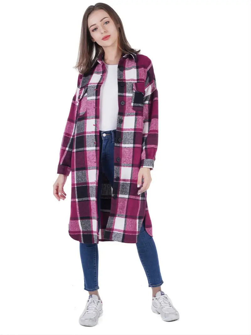 Women's Long Sleeve Plaid Shirt Jacket for Spring/Fall