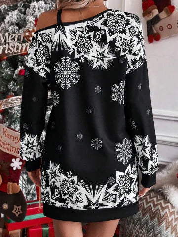 Diagonal Print Shoulder Fall/Winter Dress for Women