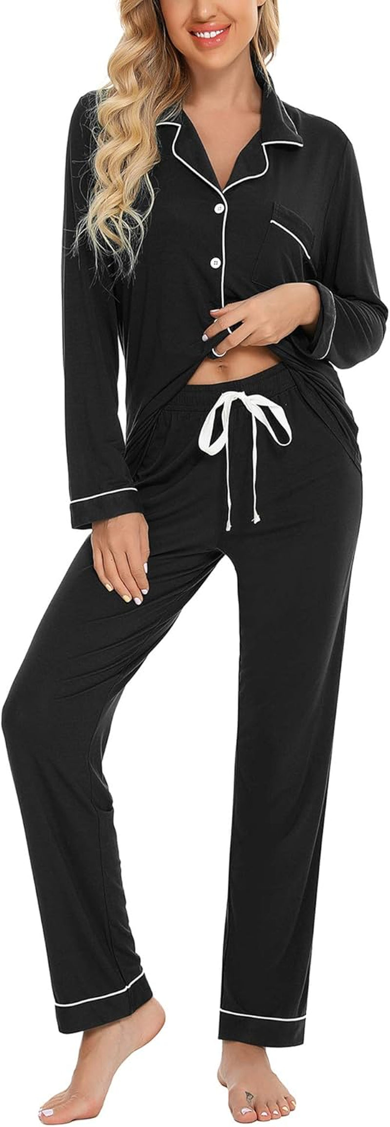 Pajamas for Women Soft Button up Pajama Set Long Sleeve Shirt and Pajama Pants Lounge Sets S-XXL