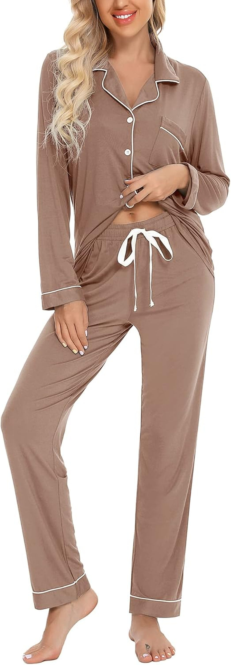 Pajamas for Women Soft Button up Pajama Set Long Sleeve Shirt and Pajama Pants Lounge Sets S-XXL