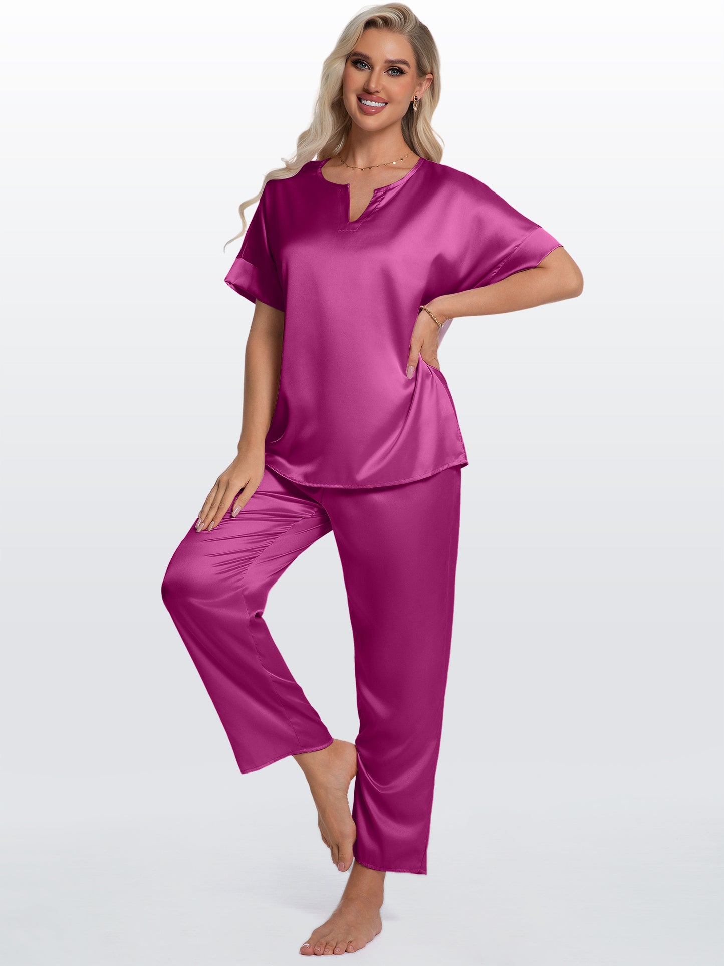 Womens Silk Satin Pajama Sets Short Sleeve Pjs V Neck Pajamas for Women with Long Pant S to XL