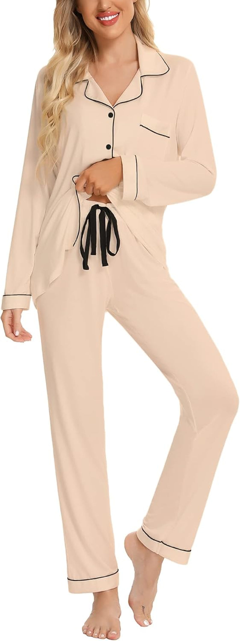 Pajamas for Women Soft Button up Pajama Set Long Sleeve Shirt and Pajama Pants Lounge Sets S-XXL