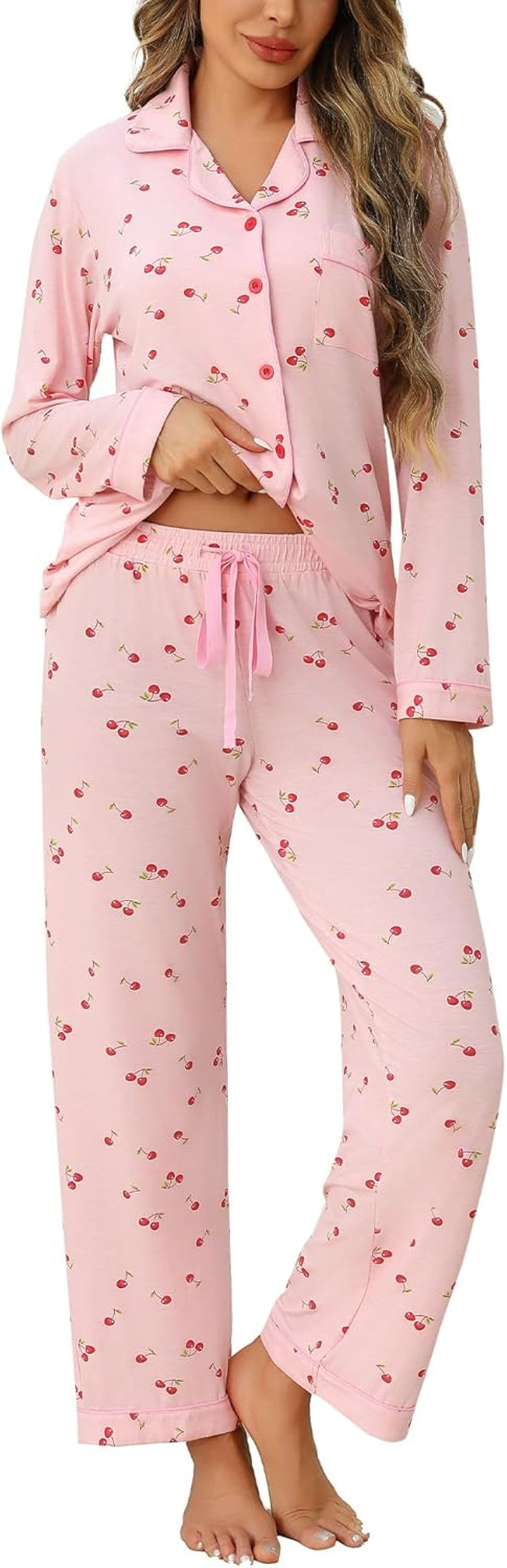 Pajamas for Women Soft Button up Pajama Set Long Sleeve Shirt and Pajama Pants Lounge Sets S-XXL