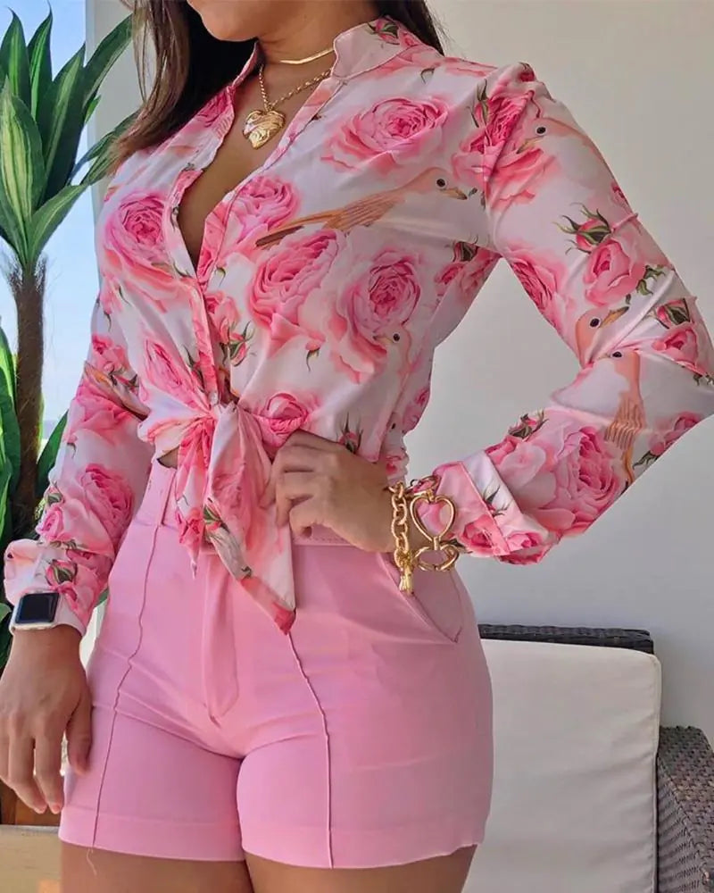 2020 Fall Winter Floral Print Long Sleeve Shirt for Women