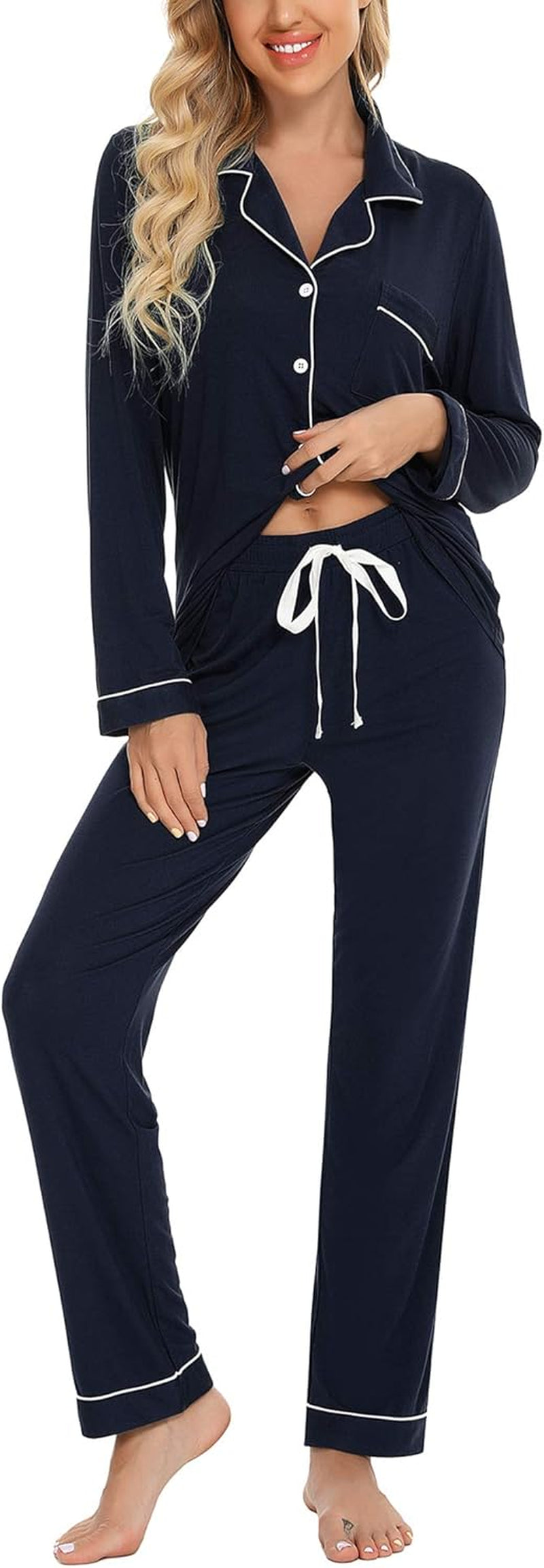Pajamas for Women Soft Button up Pajama Set Long Sleeve Shirt and Pajama Pants Lounge Sets S-XXL