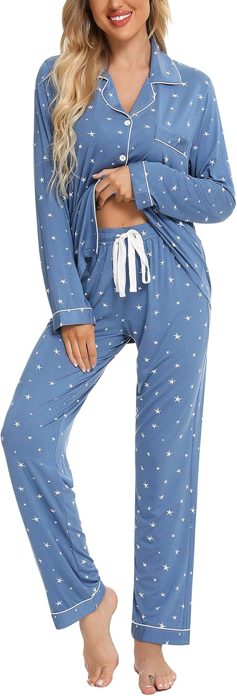 Pajamas for Women Soft Button up Pajama Set Long Sleeve Shirt and Pajama Pants Lounge Sets S-XXL