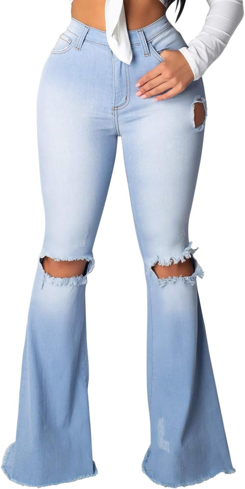 Bell Bottom Jeans for Women Vintage High Waisted Ripped Hole Raw Hem Denim Flare Jeans Pants