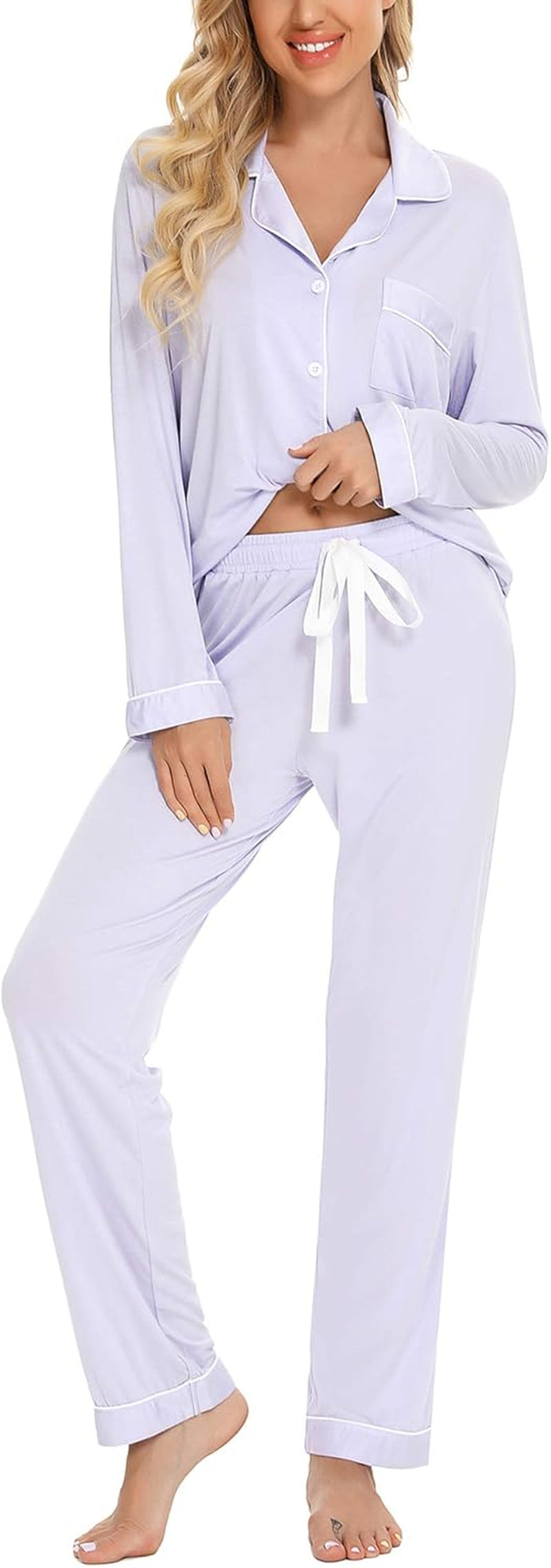 Pajamas for Women Soft Button up Pajama Set Long Sleeve Shirt and Pajama Pants Lounge Sets S-XXL