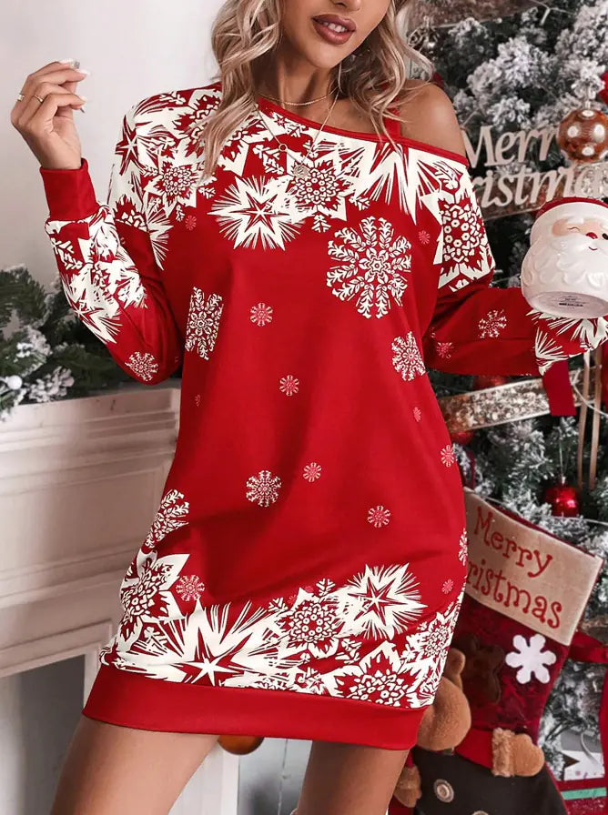 Diagonal Print Shoulder Fall/Winter Dress for Women