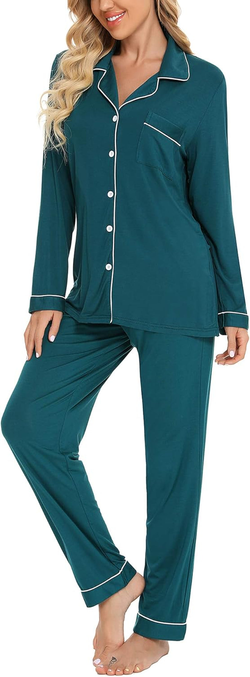 Pajamas for Women Soft Button up Pajama Set Long Sleeve Shirt and Pajama Pants Lounge Sets S-XXL