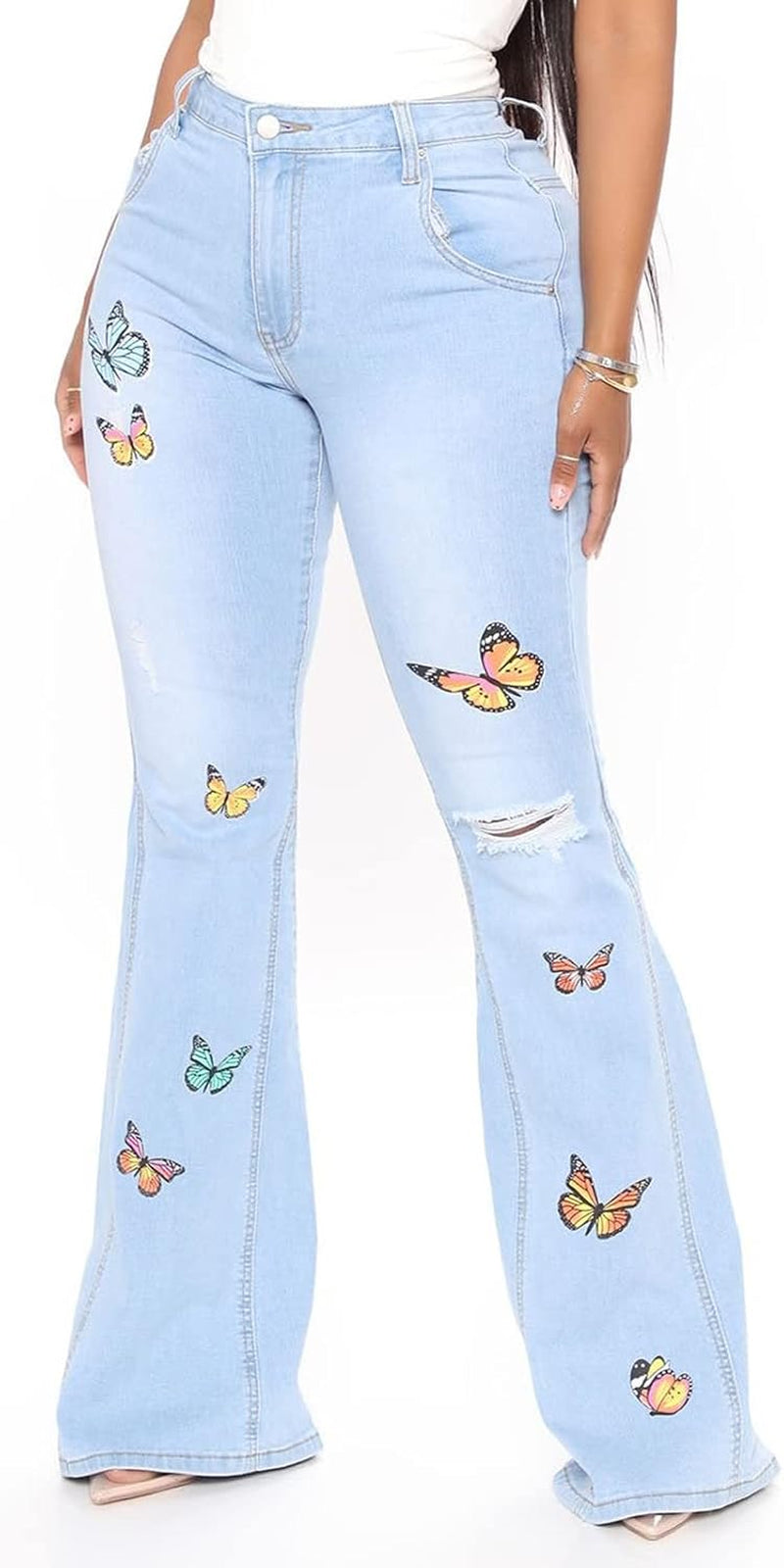 Bell Bottom Jeans for Women Vintage High Waisted Ripped Hole Raw Hem Denim Flare Jeans Pants