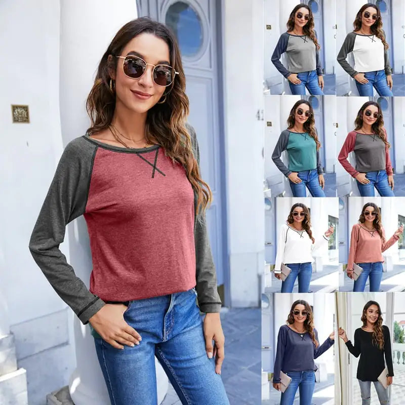Fashion Contrast Color Long Sleeve Women's T-Shirt