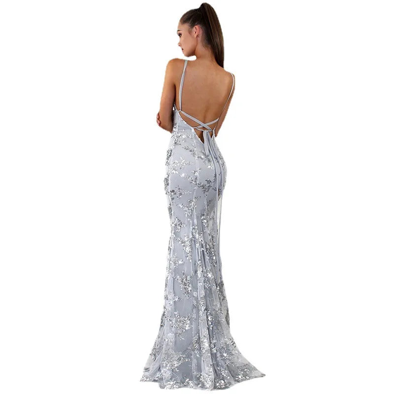 Women's Sleeveless V-Neck Sequined Formal Dress