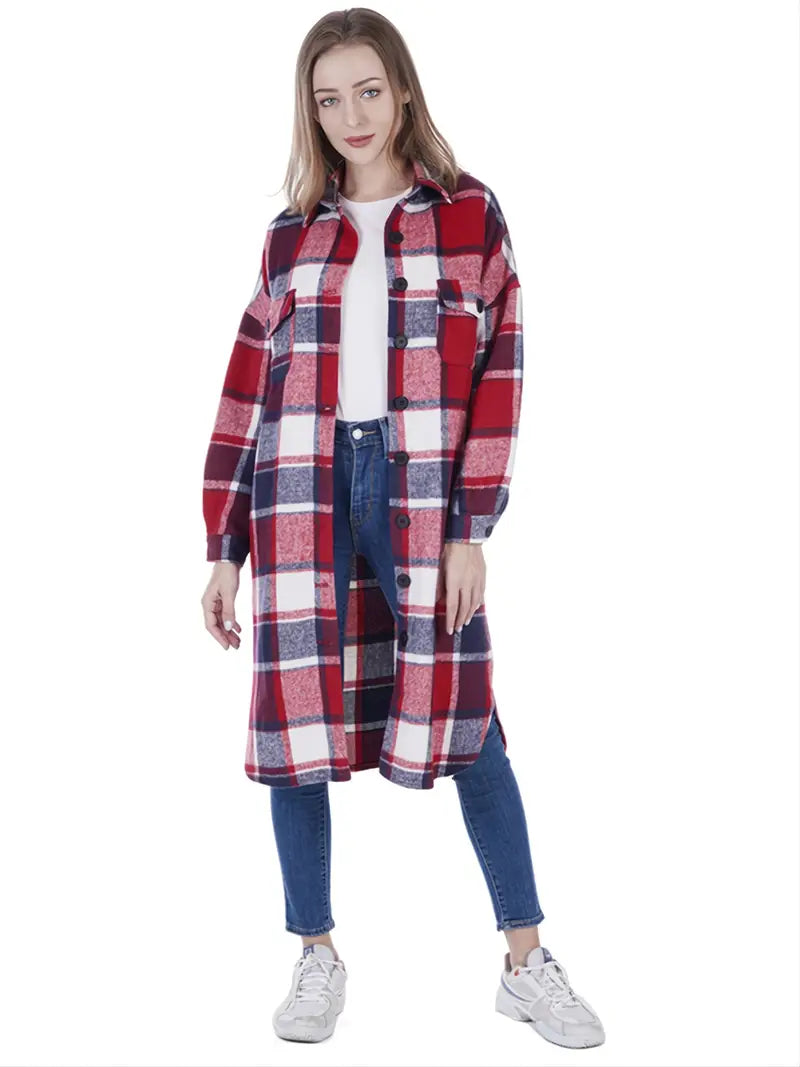 Women's Long Sleeve Plaid Shirt Jacket for Spring/Fall