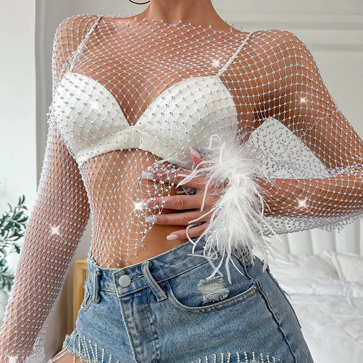 Rhinestone Hollow Out Long Sleeve Women's T-Shirt