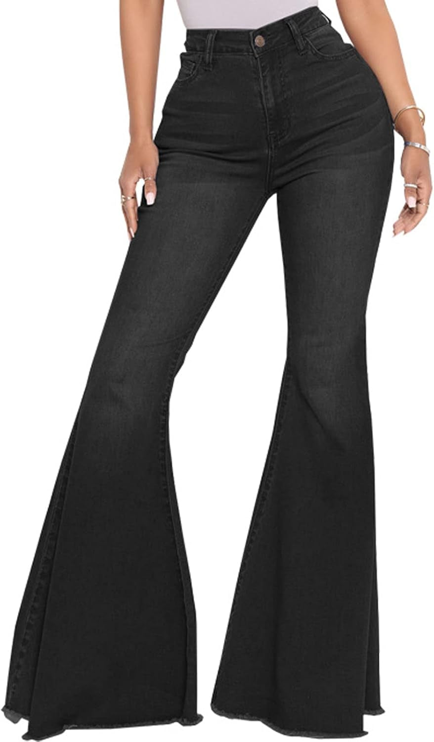 Bell Bottom Jeans for Women Vintage High Waisted Ripped Hole Raw Hem Denim Flare Jeans Pants