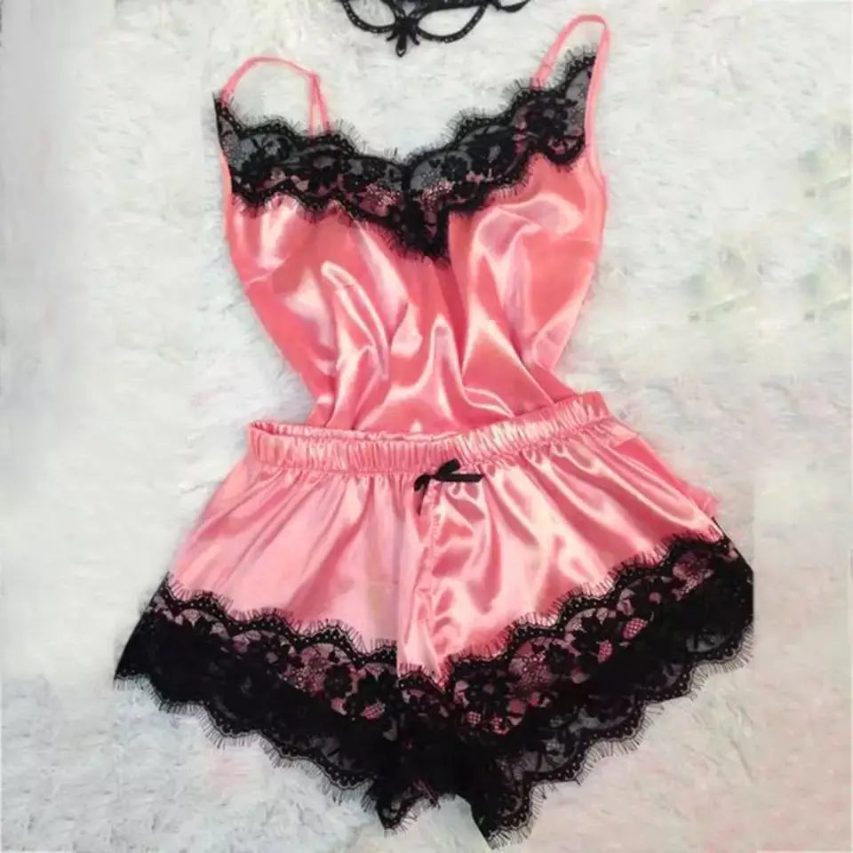 Fashion Sexy Lace Pajamas Set Women'S Underwear Sleeveless Silk Pajamas Spaghetti Strap Top + Shorts Pajamas 2PCS