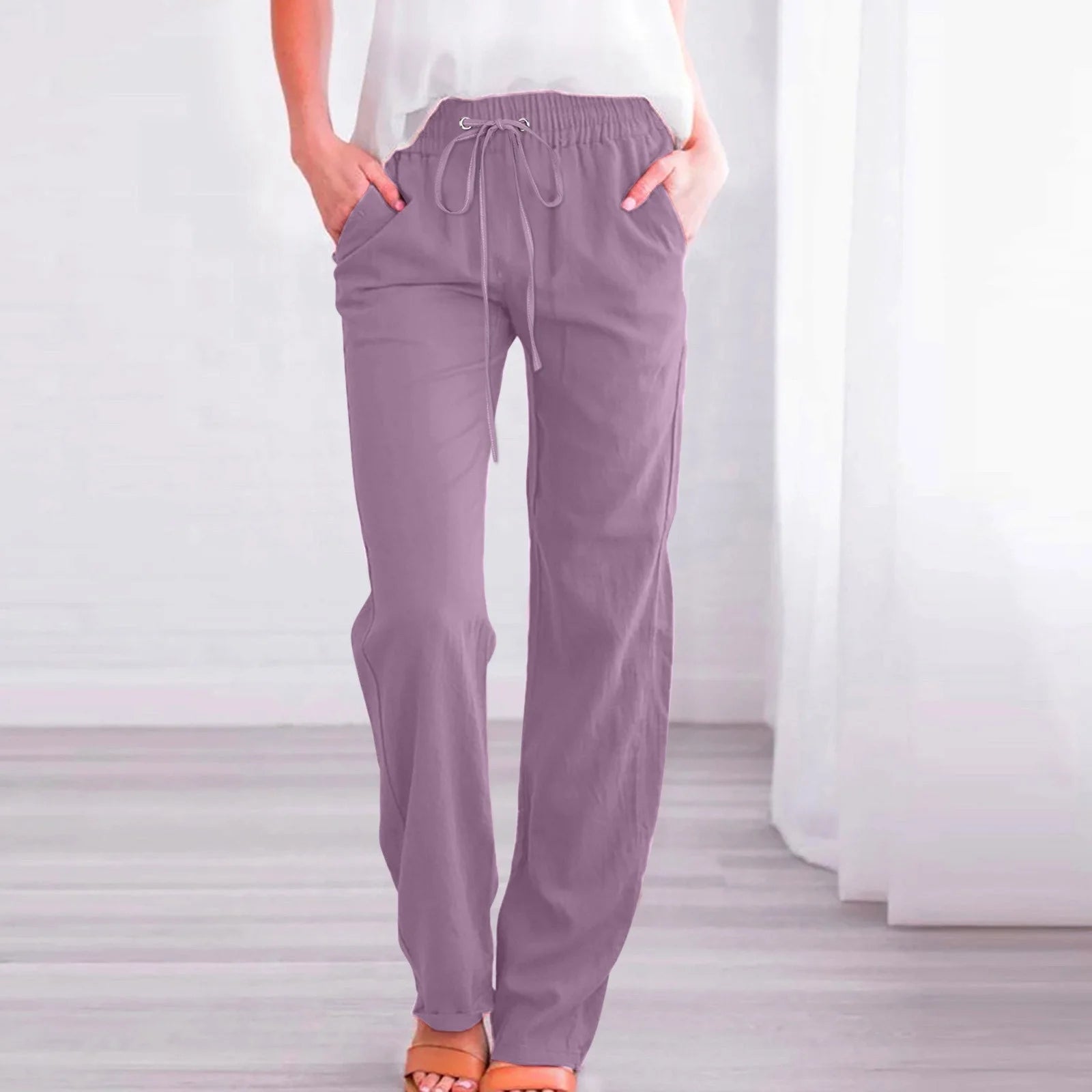 Linen Pants for Women Summer Casual Lightweight Drawstring Pants Women Straight Leg Pants Yoga Pants with Pocket for Women