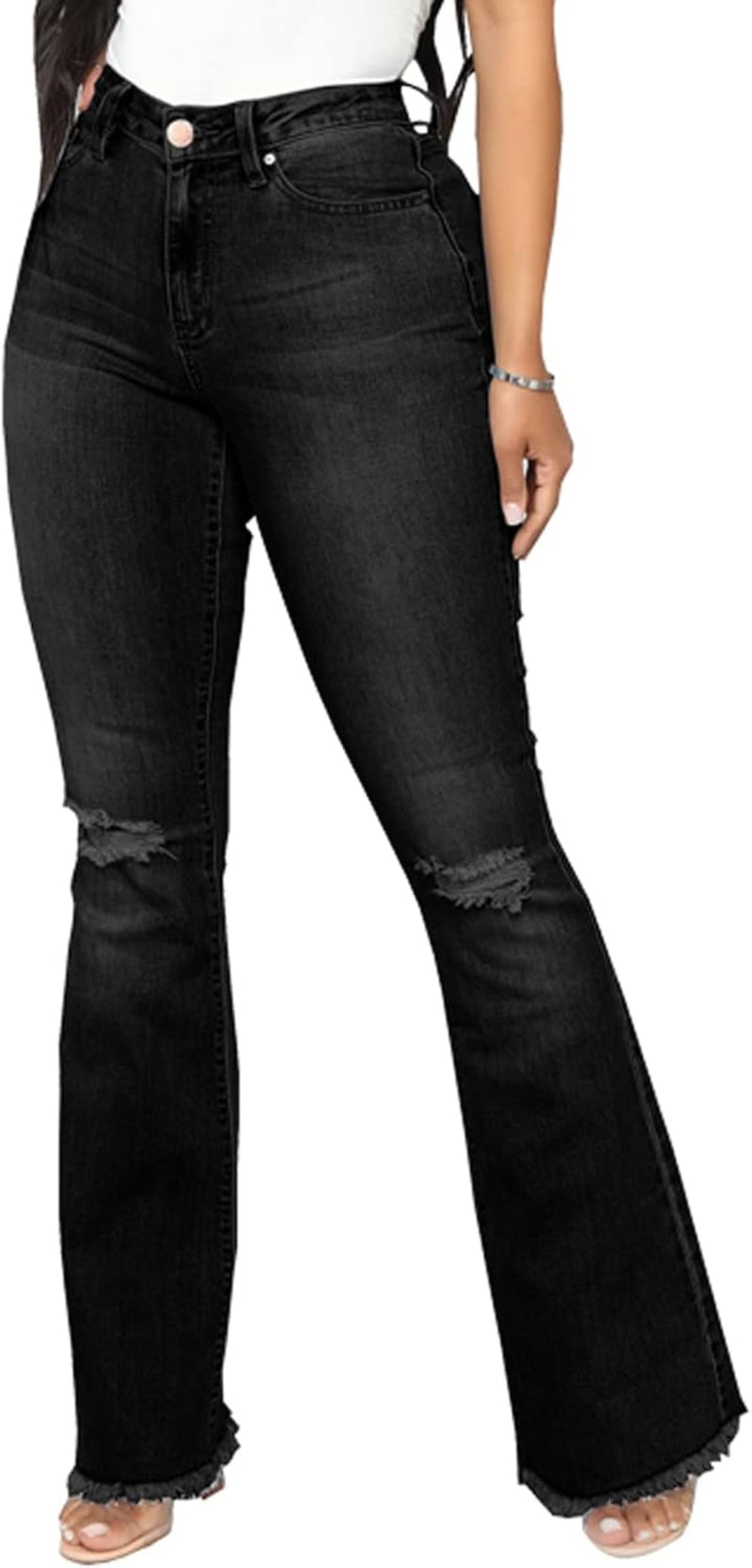 Bell Bottom Jeans for Women Vintage High Waisted Ripped Hole Raw Hem Denim Flare Jeans Pants