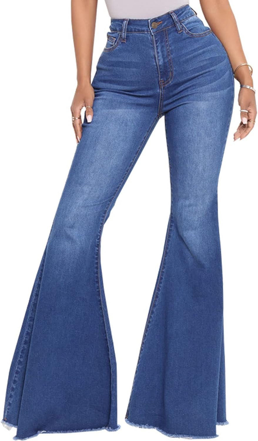 Bell Bottom Jeans for Women Vintage High Waisted Ripped Hole Raw Hem Denim Flare Jeans Pants