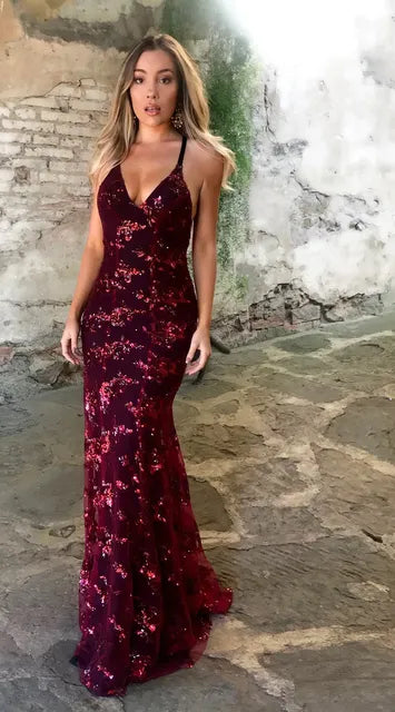 Women's Sleeveless V-Neck Sequined Formal Dress