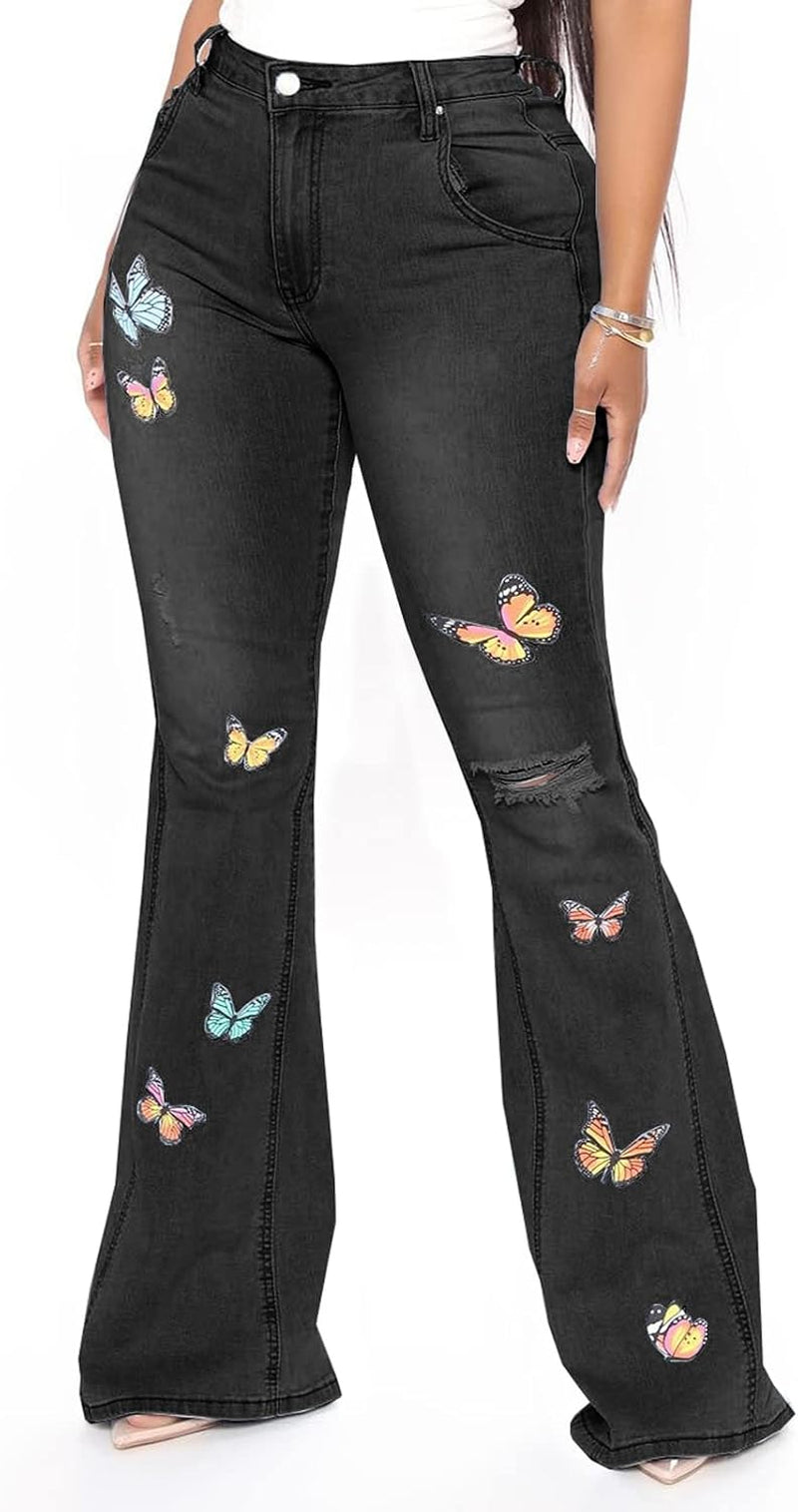 Bell Bottom Jeans for Women Vintage High Waisted Ripped Hole Raw Hem Denim Flare Jeans Pants