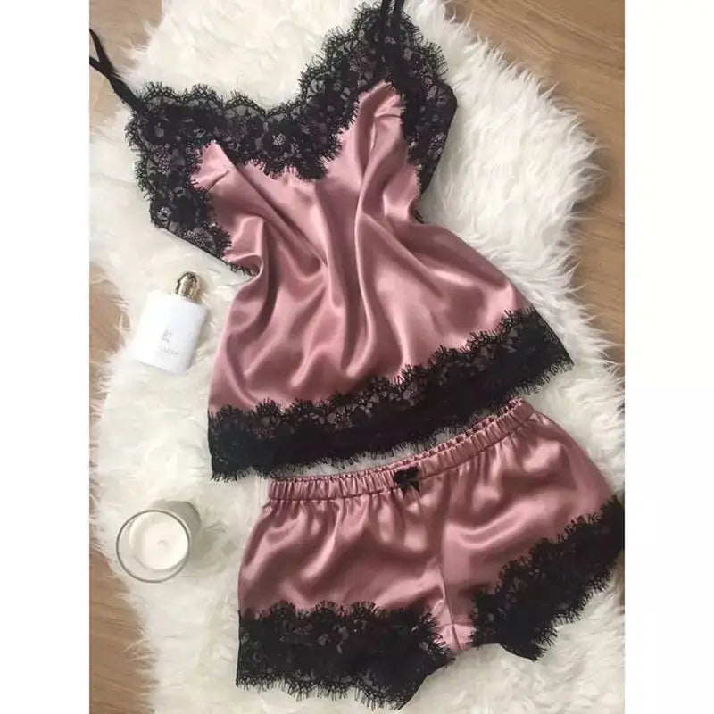 Fashion Sexy Lace Pajamas Set Women'S Underwear Sleeveless Silk Pajamas Spaghetti Strap Top + Shorts Pajamas 2PCS