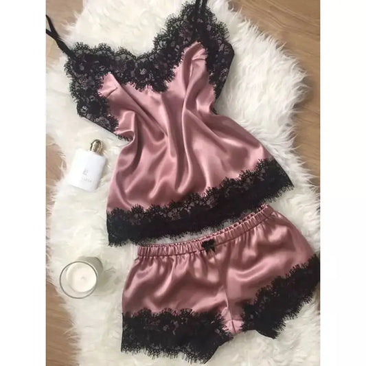 Fashion Sexy Lace Pajamas Set Women'S Underwear Sleeveless Silk Pajamas Spaghetti Strap Top + Shorts Pajamas 2PCS