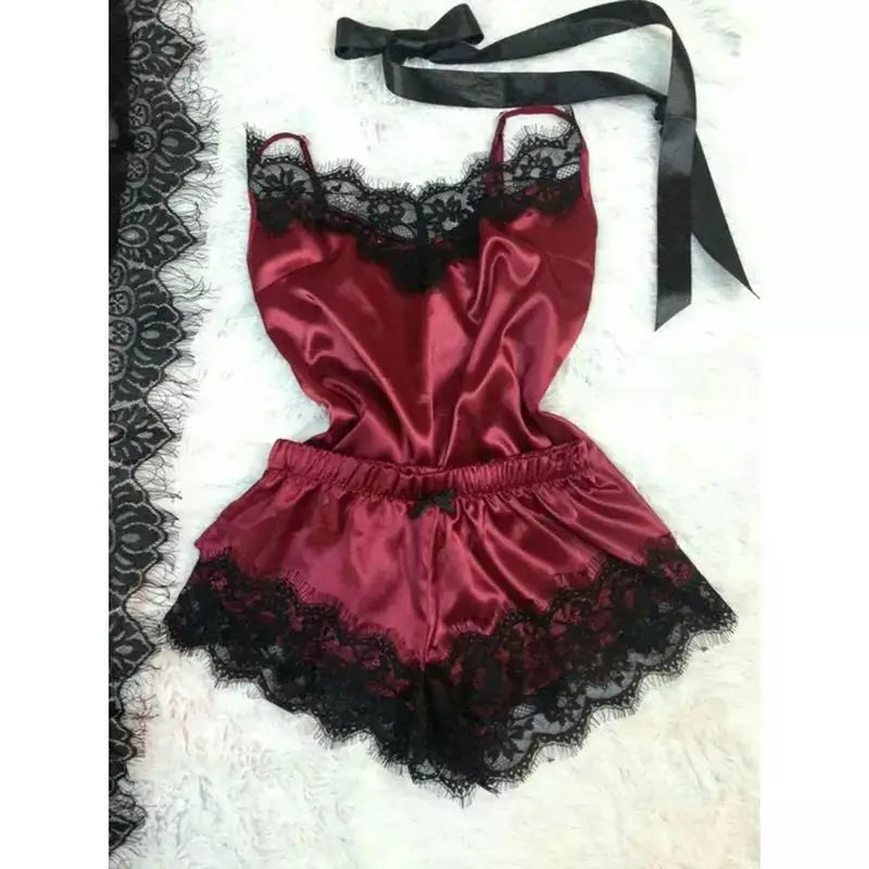 Fashion Sexy Lace Pajamas Set Women'S Underwear Sleeveless Silk Pajamas Spaghetti Strap Top + Shorts Pajamas 2PCS