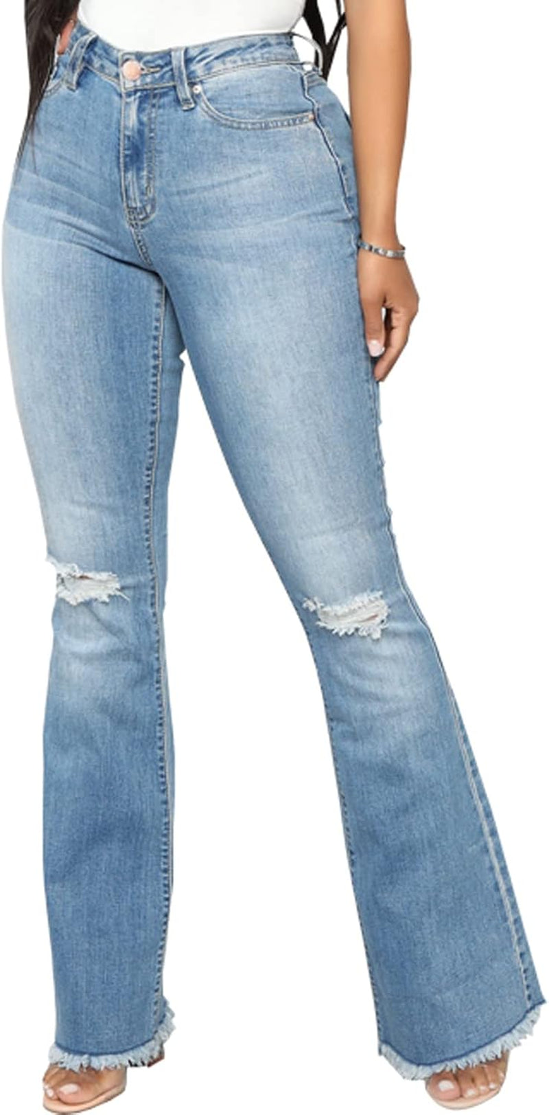 Bell Bottom Jeans for Women Vintage High Waisted Ripped Hole Raw Hem Denim Flare Jeans Pants